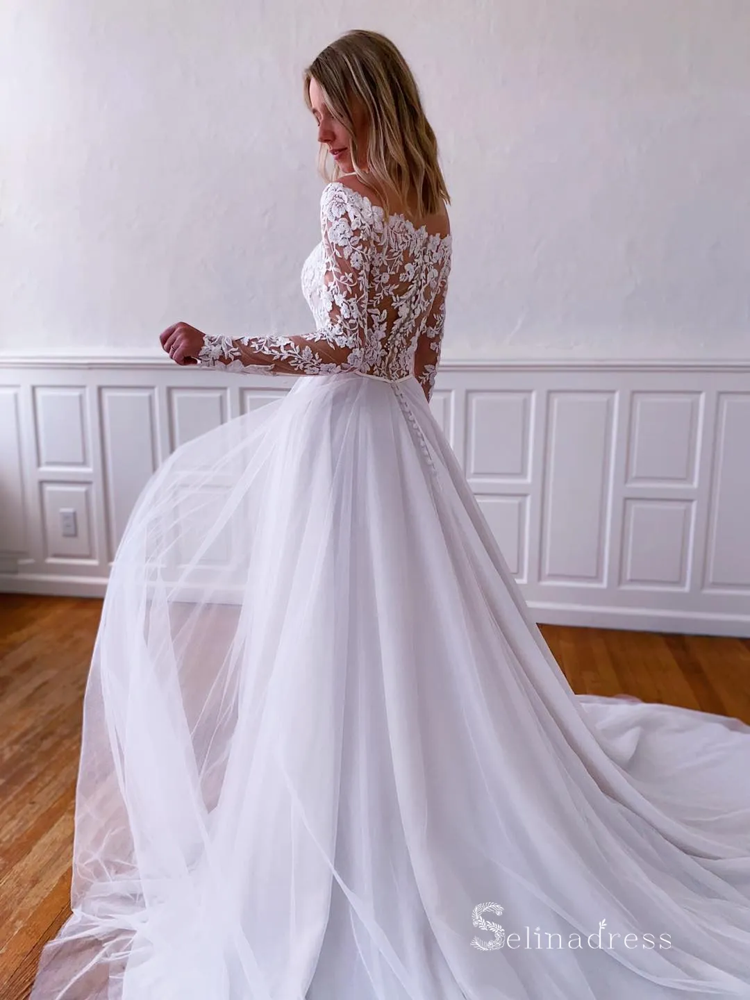 A-line Off-the-shoulder Rustic Wedding Dresses Long Sleeve Bridal Gowns CBD500