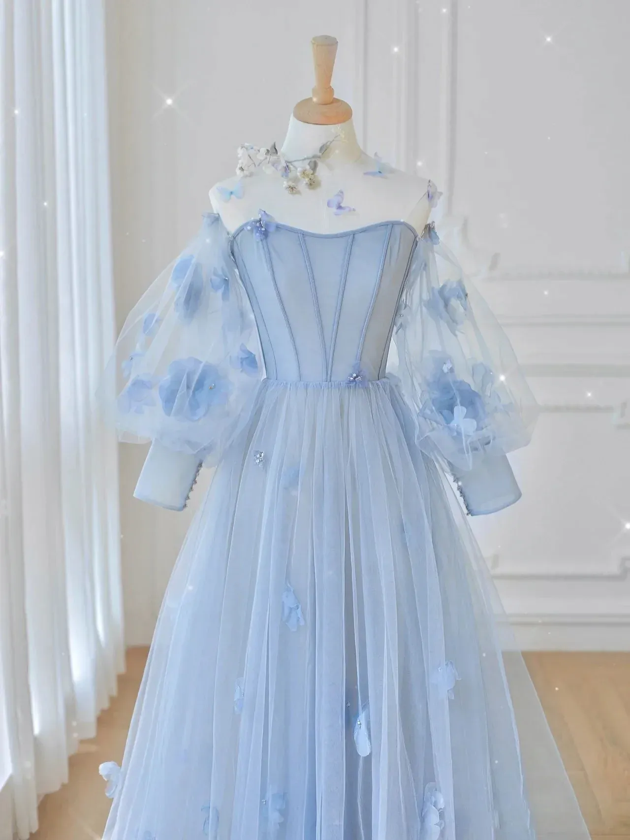 Ball Gown Long Sleeve Light Sky Blue Sweet 16 Dress Cheap Evening Dresses RYU037