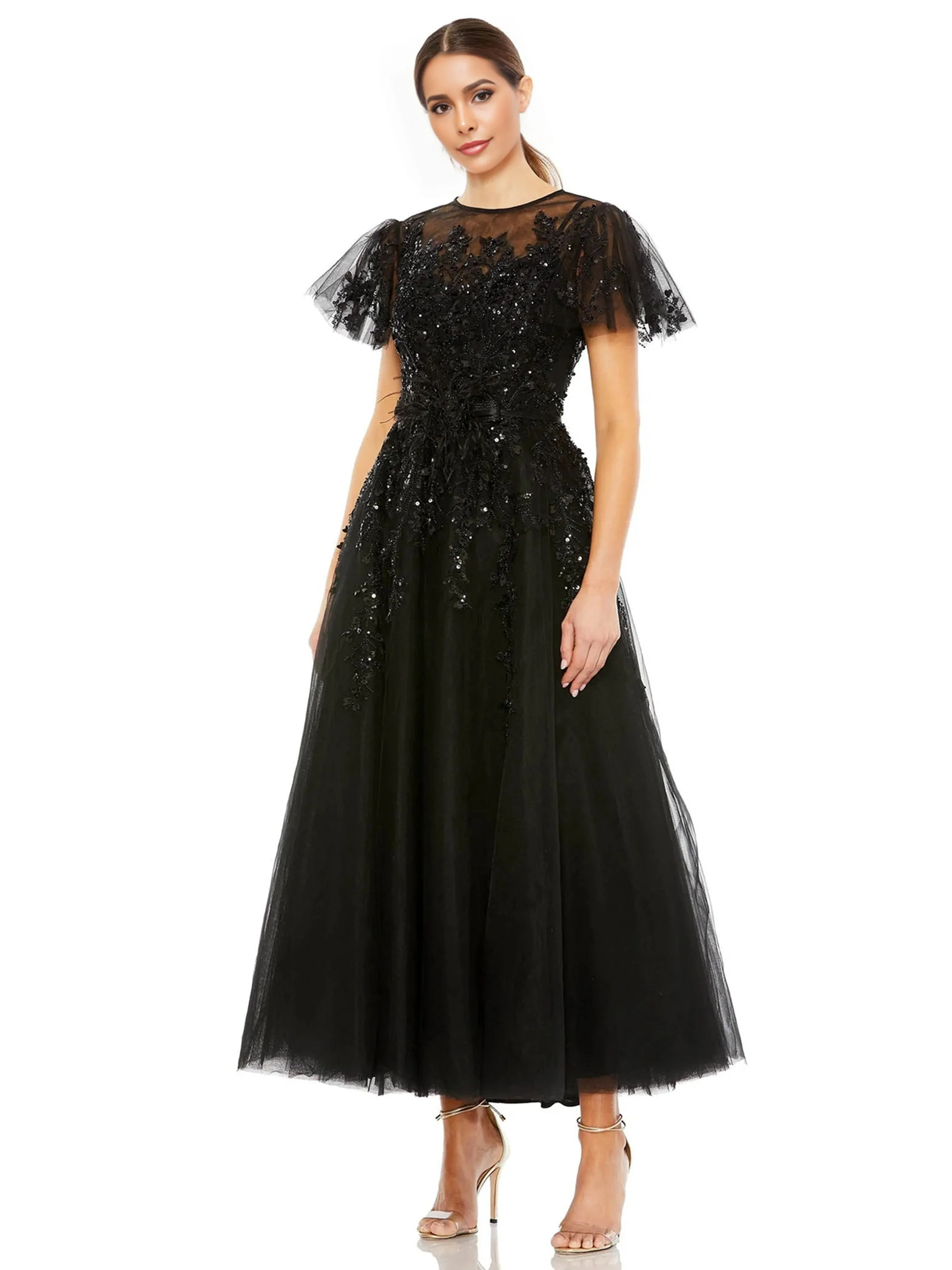 Black Evening Dresses A Line Short Sleeves Sparkly Lace Appliques Tulle Prom Dresses