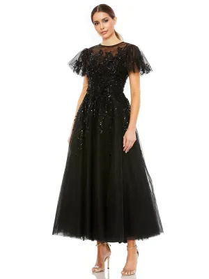 Black Evening Dresses A Line Short Sleeves Sparkly Lace Appliques Tulle Prom Dresses