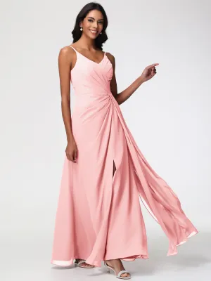 Blush Peach Bridesmaid Dresses A-Line V-Neck Spaghetti Straps Ruched Chiffon Bridesmaid Dresses With Slit