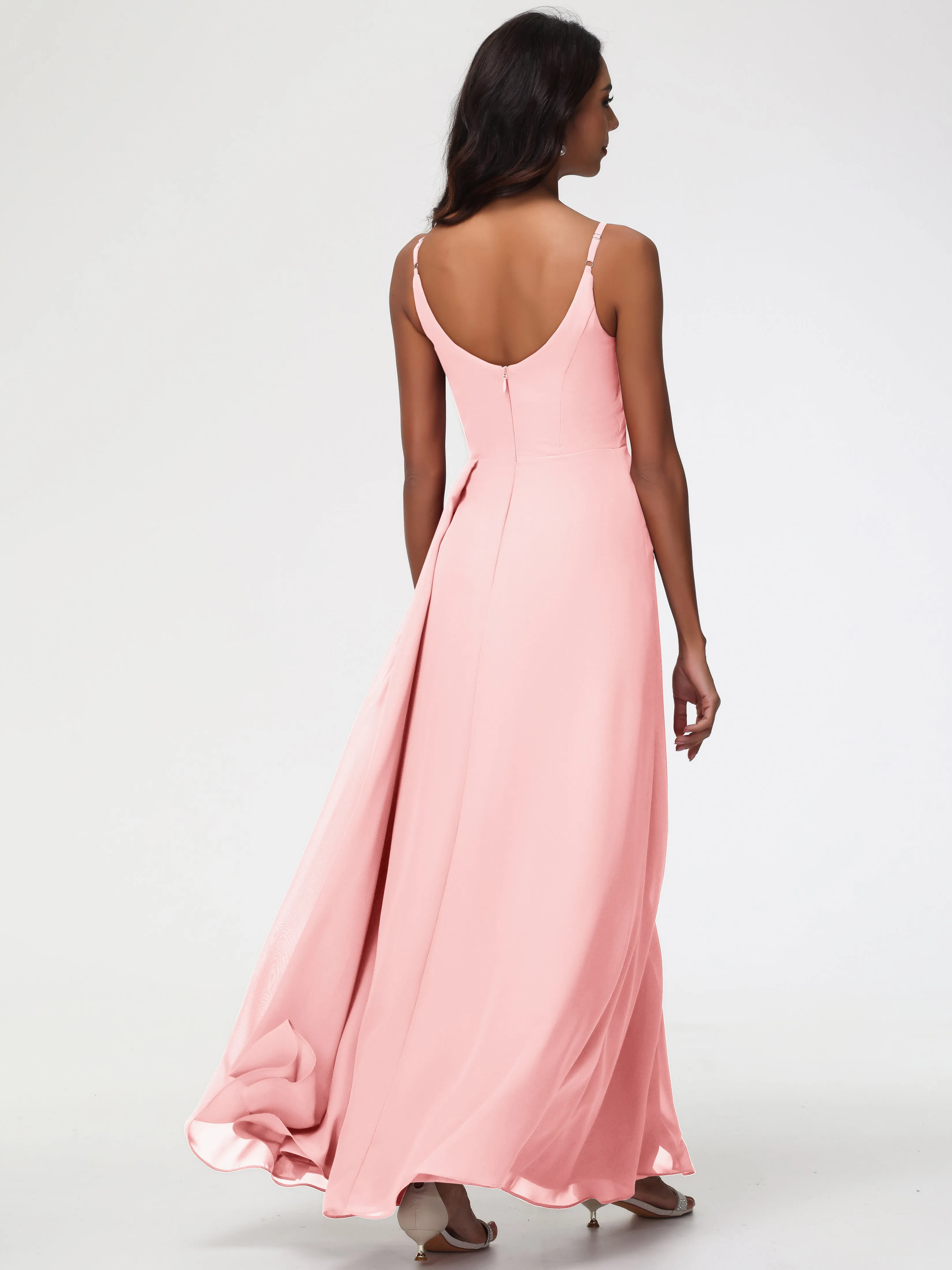 Blush Peach Bridesmaid Dresses A-Line V-Neck Spaghetti Straps Ruched Chiffon Bridesmaid Dresses With Slit
