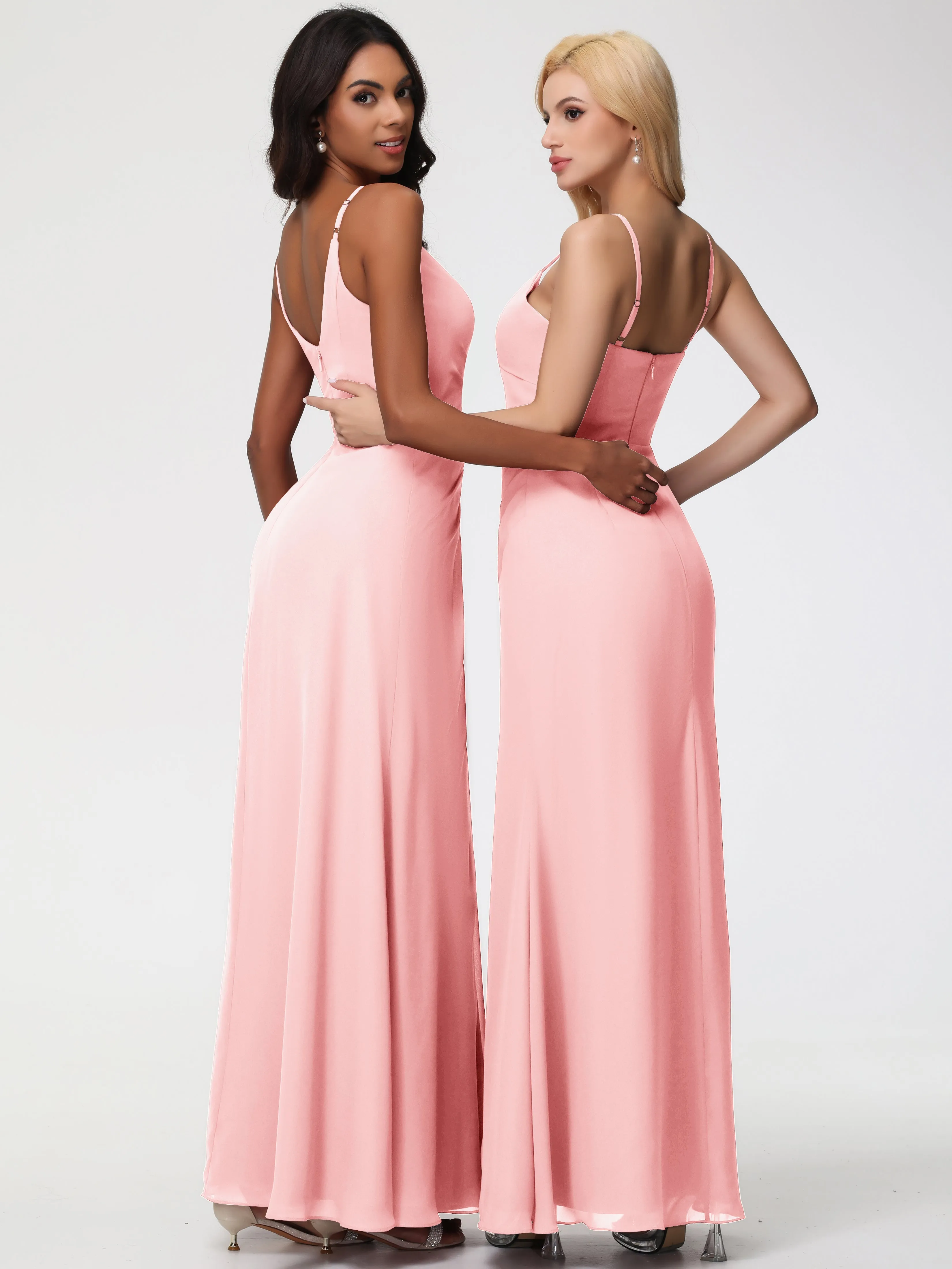 Blush Peach Bridesmaid Dresses A-Line V-Neck Spaghetti Straps Ruched Chiffon Bridesmaid Dresses With Slit