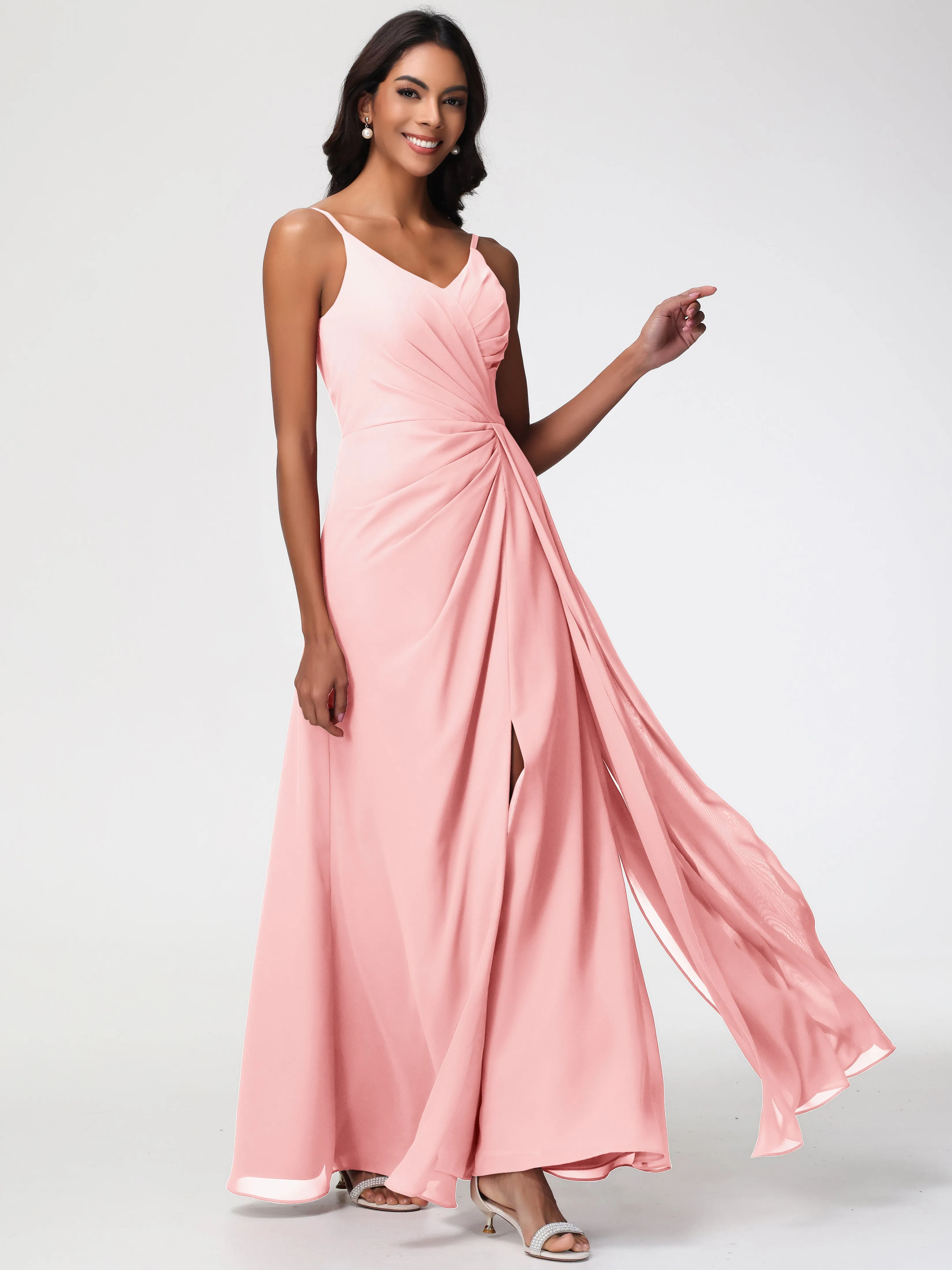 Blush Peach Bridesmaid Dresses A-Line V-Neck Spaghetti Straps Ruched Chiffon Bridesmaid Dresses With Slit