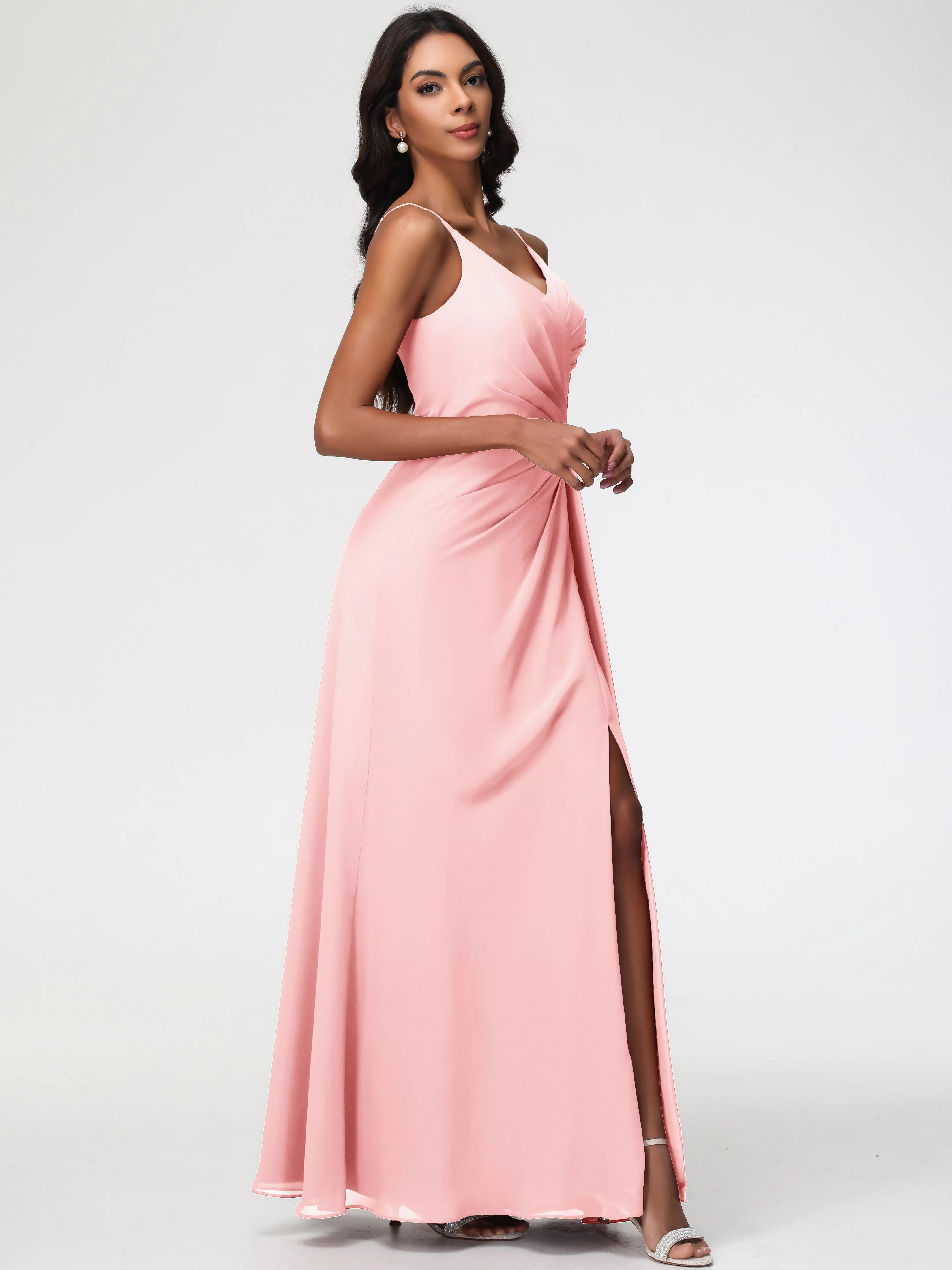 Blush Peach Bridesmaid Dresses A-Line V-Neck Spaghetti Straps Ruched Chiffon Bridesmaid Dresses With Slit