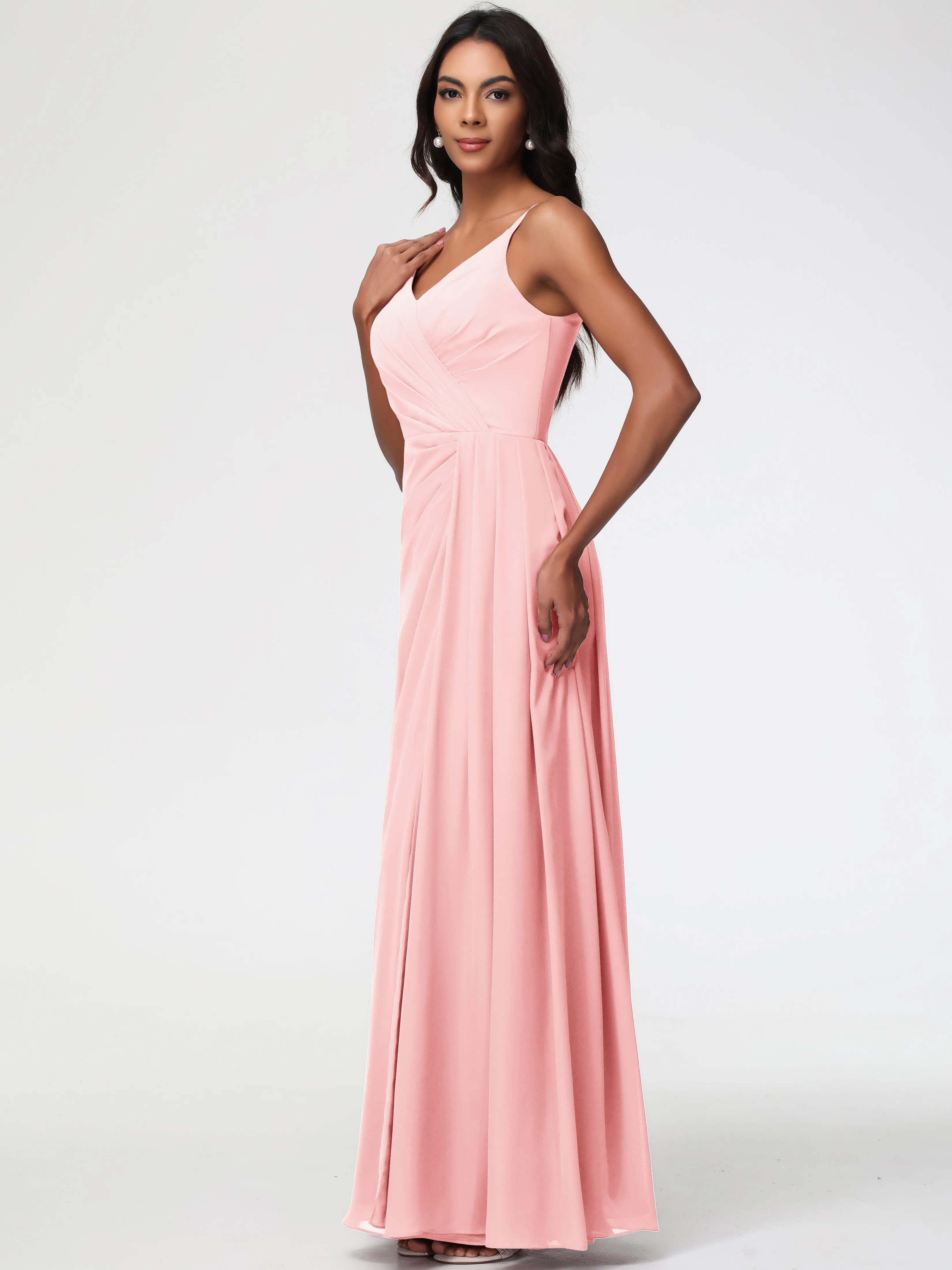 Blush Peach Bridesmaid Dresses A-Line V-Neck Spaghetti Straps Ruched Chiffon Bridesmaid Dresses With Slit