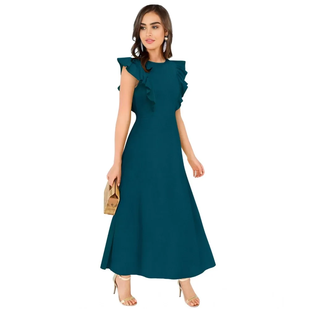 Comfy Women's Knitting strachable Solid Round Neck Ruffled Sleeve Dress