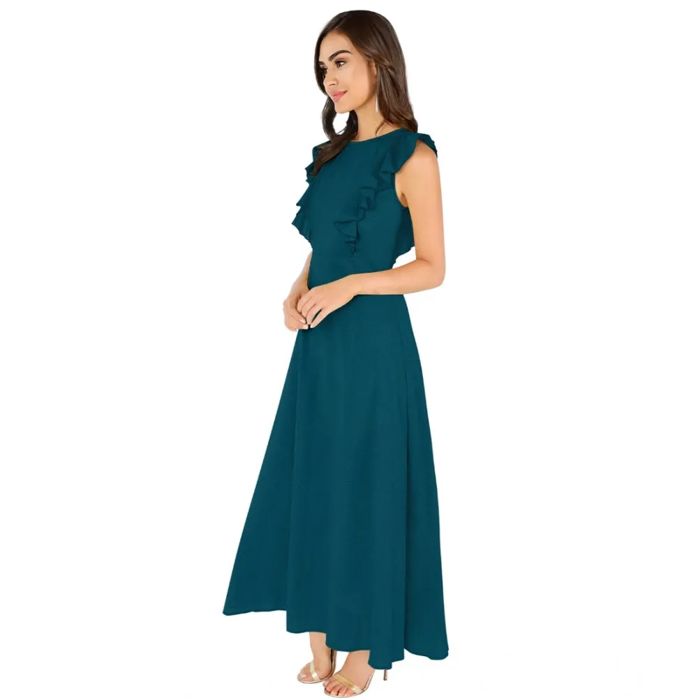 Comfy Women's Knitting strachable Solid Round Neck Ruffled Sleeve Dress