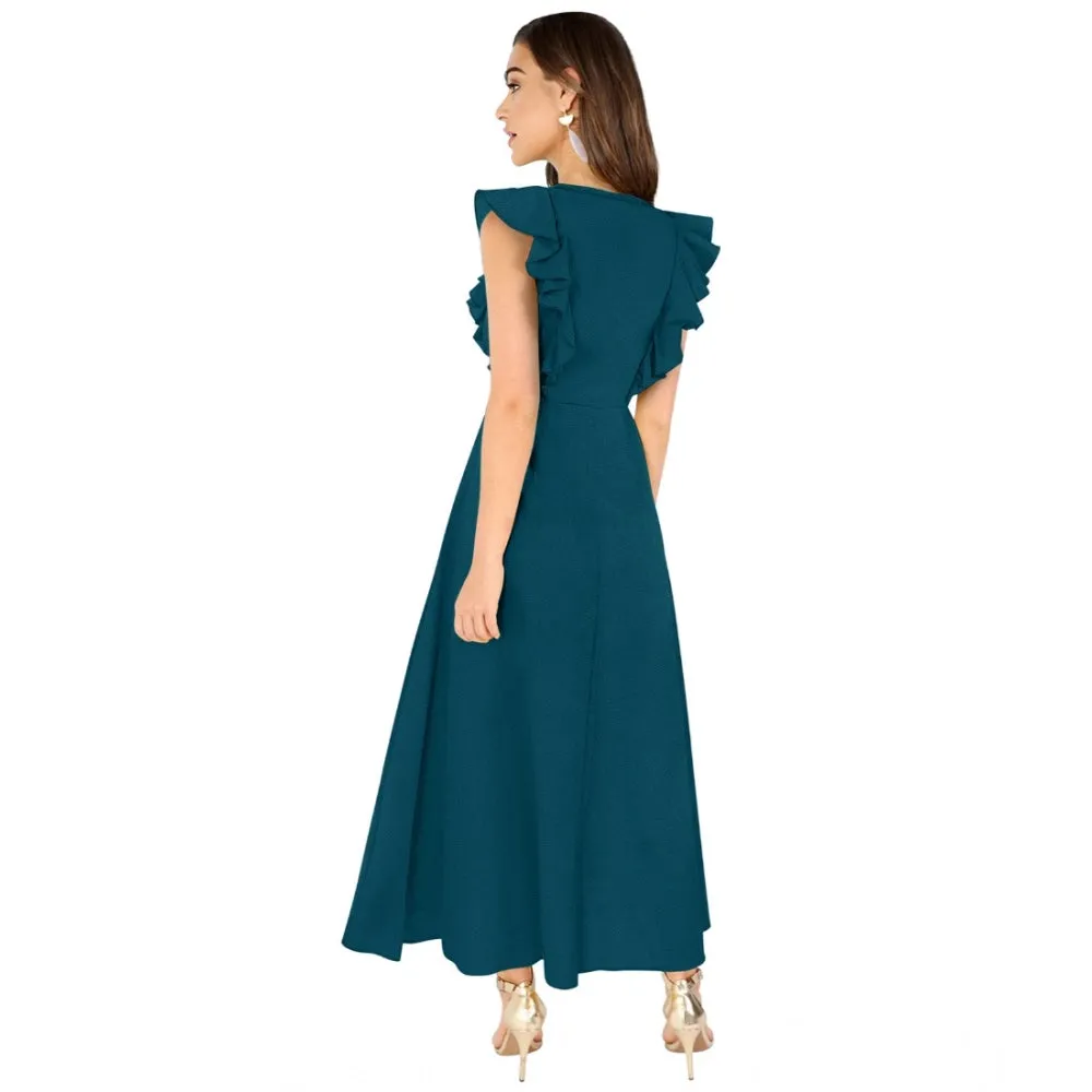 Comfy Women's Knitting strachable Solid Round Neck Ruffled Sleeve Dress