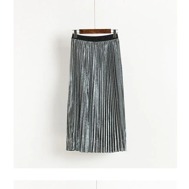 High Waist Metallic Color Pleated Skirts