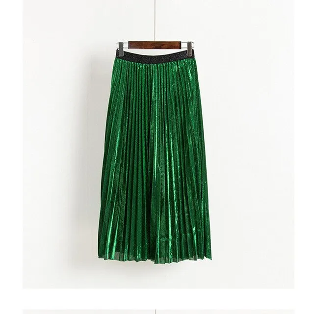 High Waist Metallic Color Pleated Skirts
