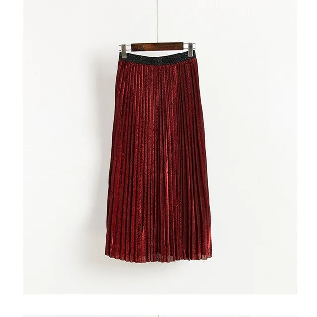 High Waist Metallic Color Pleated Skirts