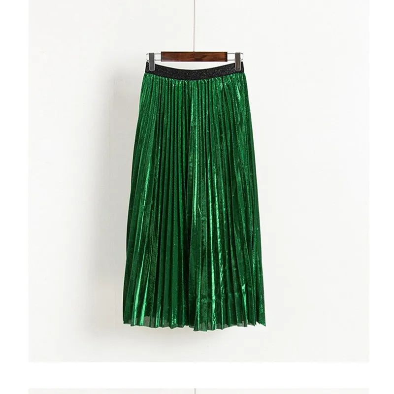 High Waist Metallic Color Pleated Skirts