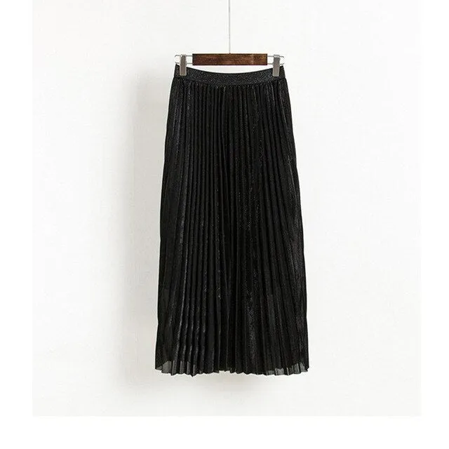 High Waist Metallic Color Pleated Skirts