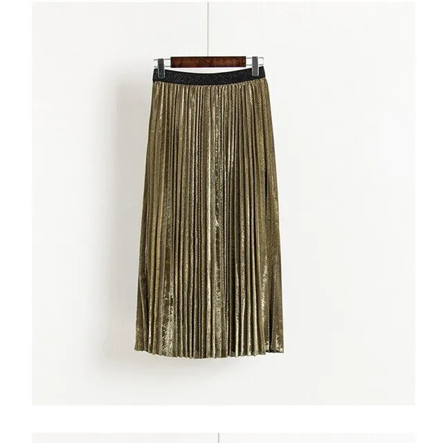 High Waist Metallic Color Pleated Skirts