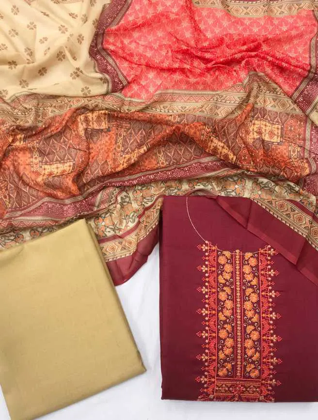 Maroon Unstitched Ethnic Cotton Salwar Suit Dress Material