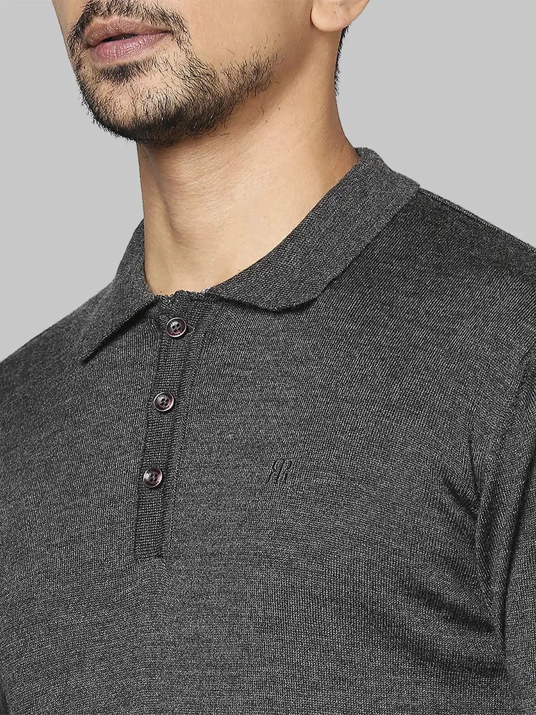 Men Grey Contemporary Fit Solid Wool Blend Round Neck Collar Sweaters