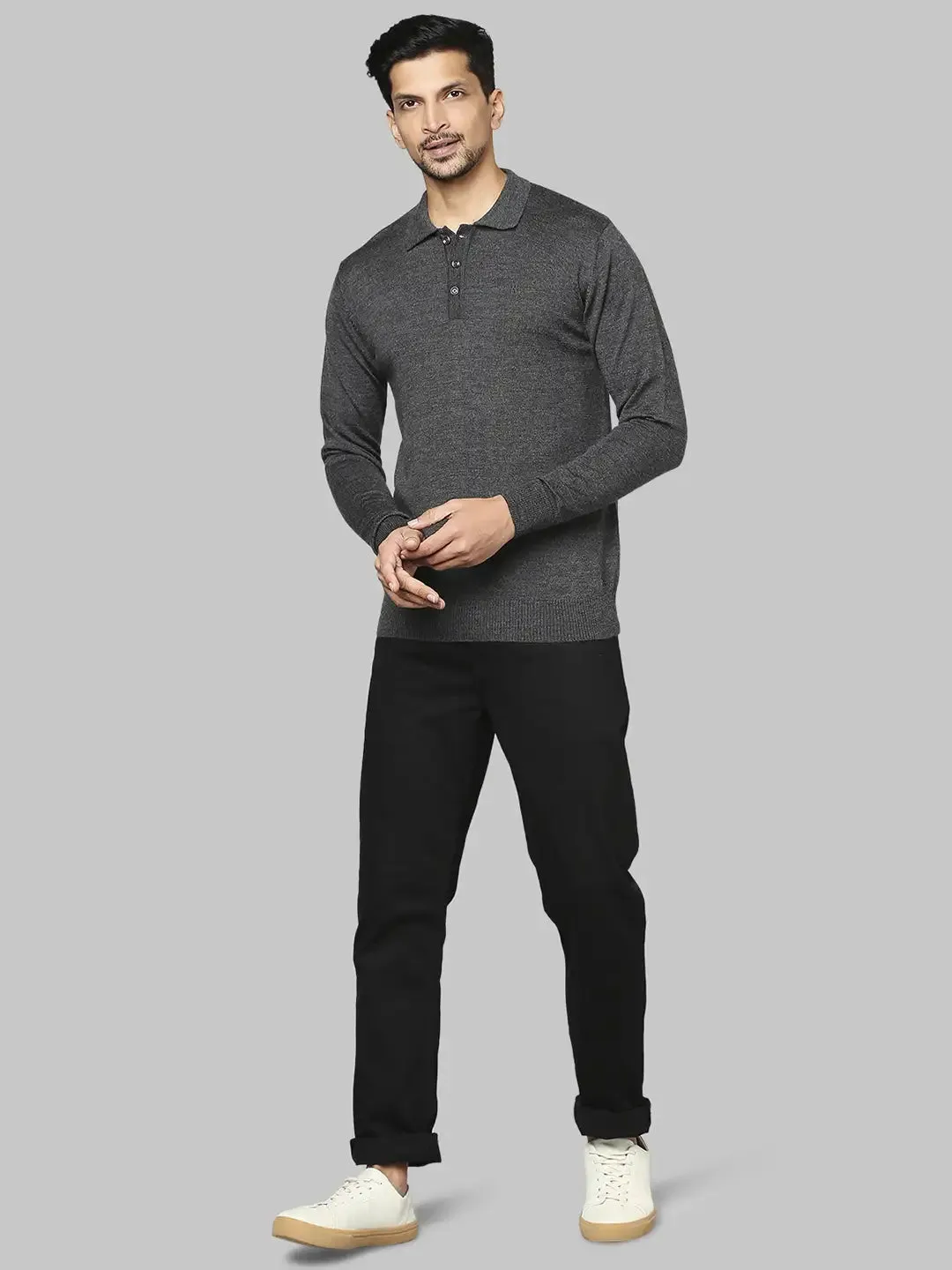 Men Grey Contemporary Fit Solid Wool Blend Round Neck Collar Sweaters