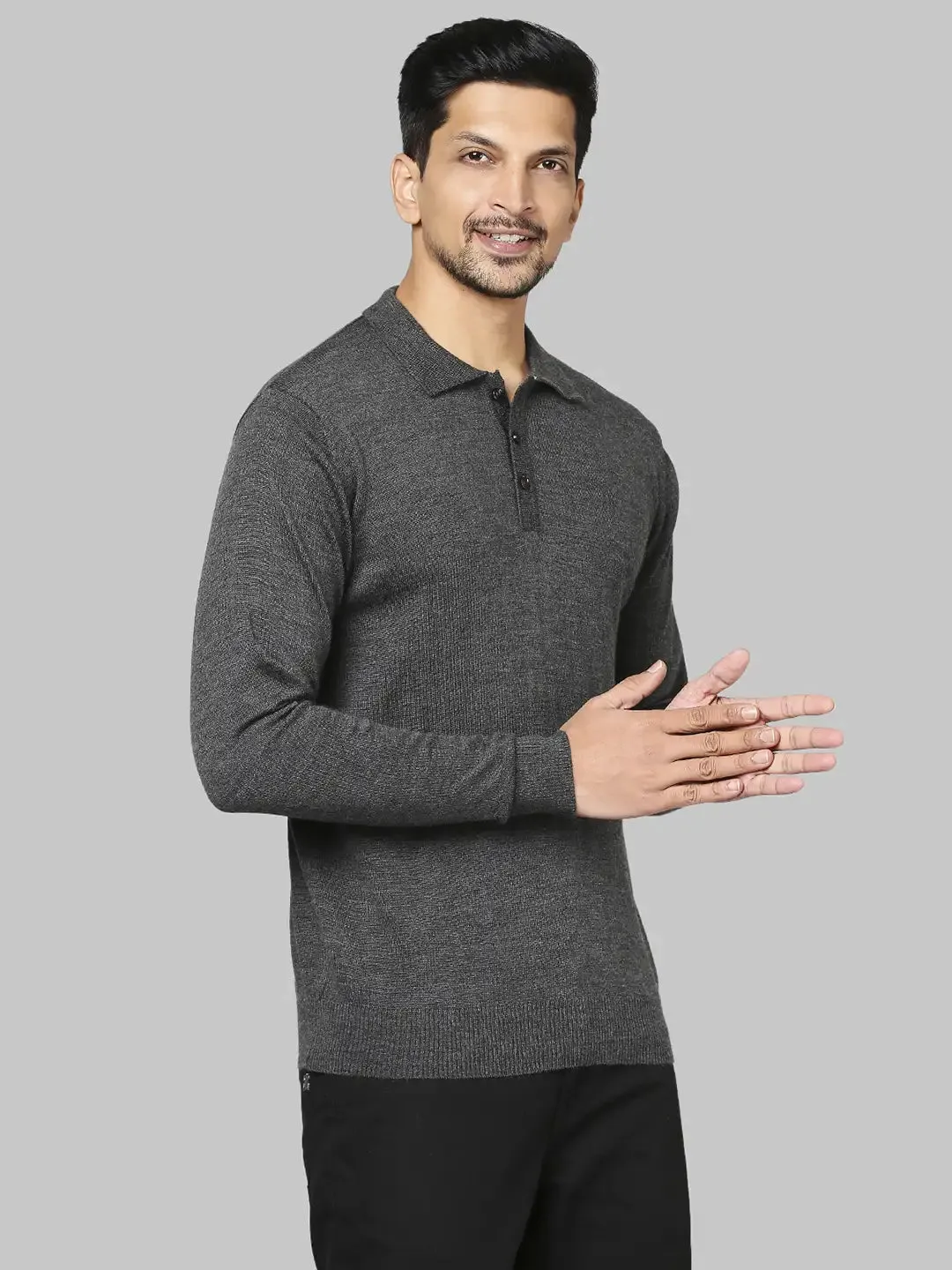 Men Grey Contemporary Fit Solid Wool Blend Round Neck Collar Sweaters