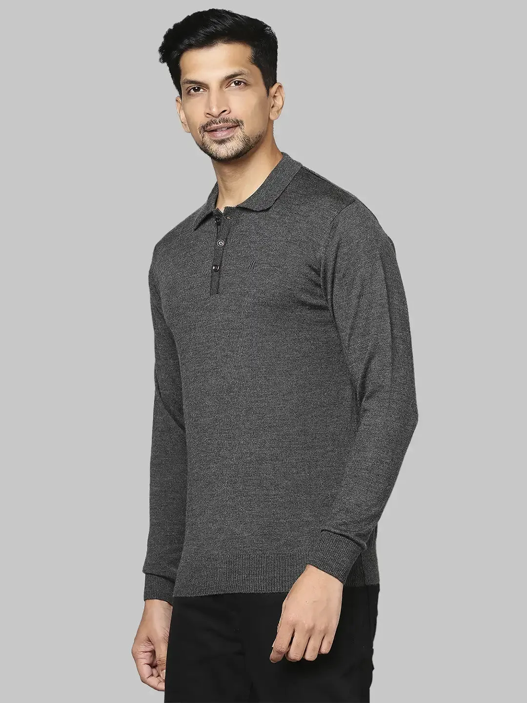 Men Grey Contemporary Fit Solid Wool Blend Round Neck Collar Sweaters