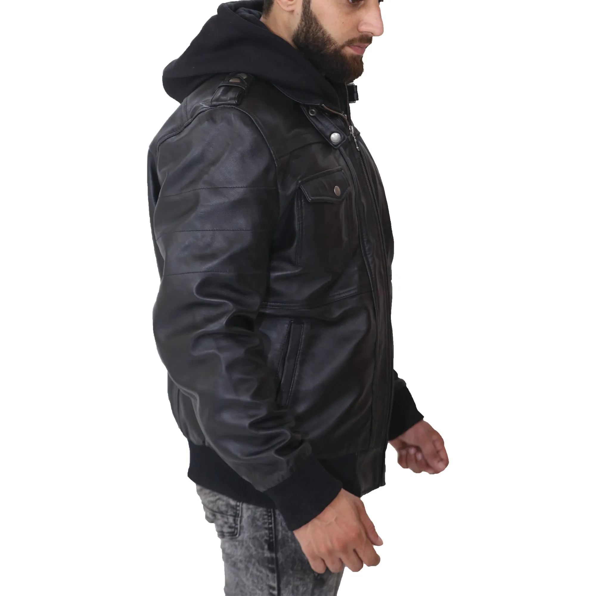 Men's Removable Hood Leather Jacket