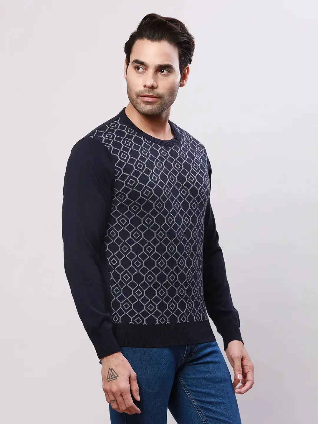 Raymond Men Blue Jacquard Acrylic Blend Sweaters