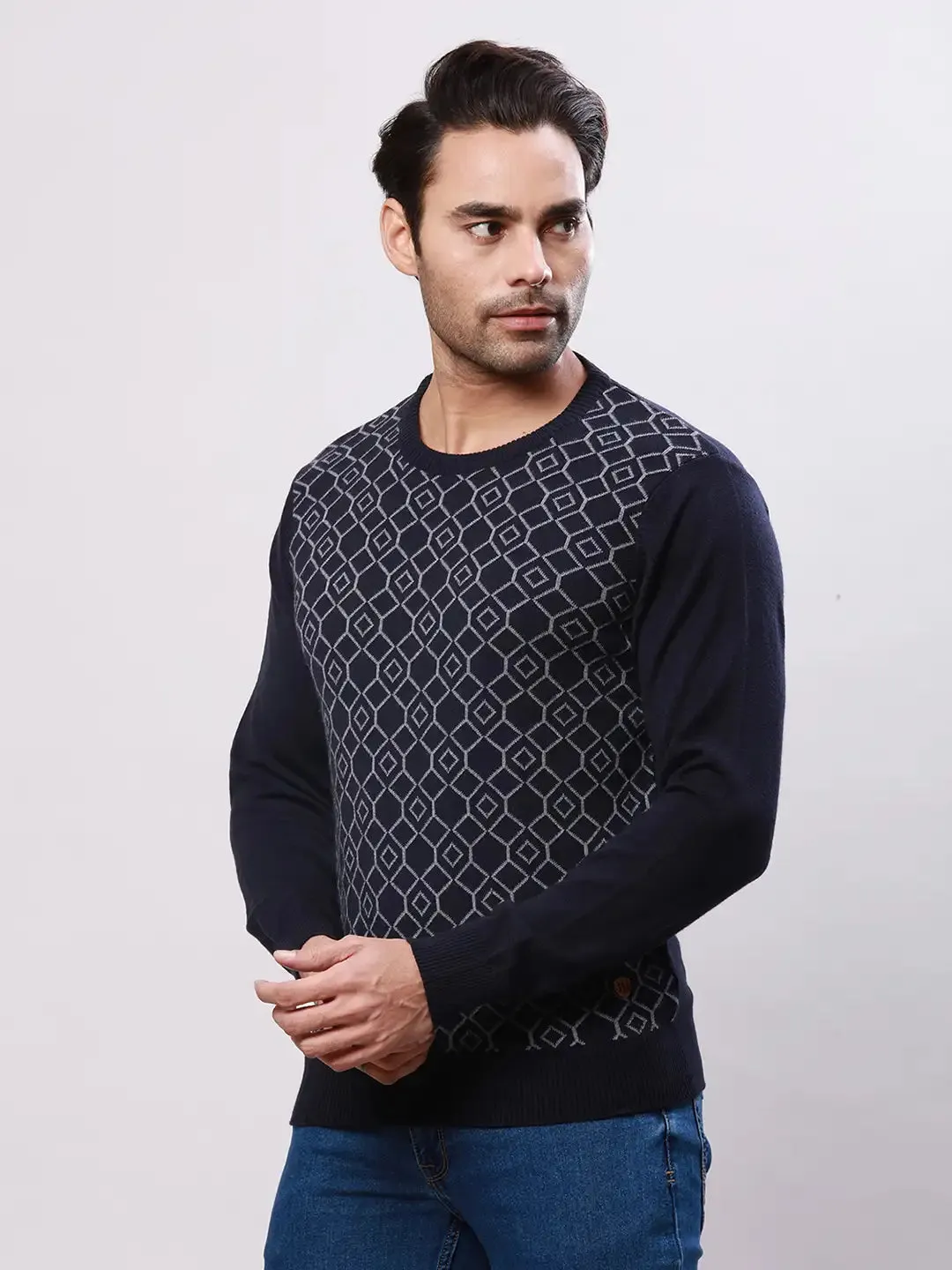 Raymond Men Blue Jacquard Acrylic Blend Sweaters