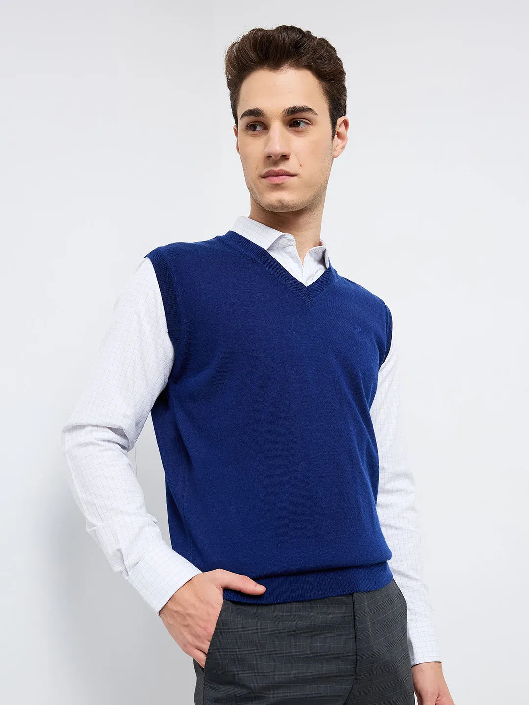 Raymond Men Blue Solid Wool Blend Sweaters