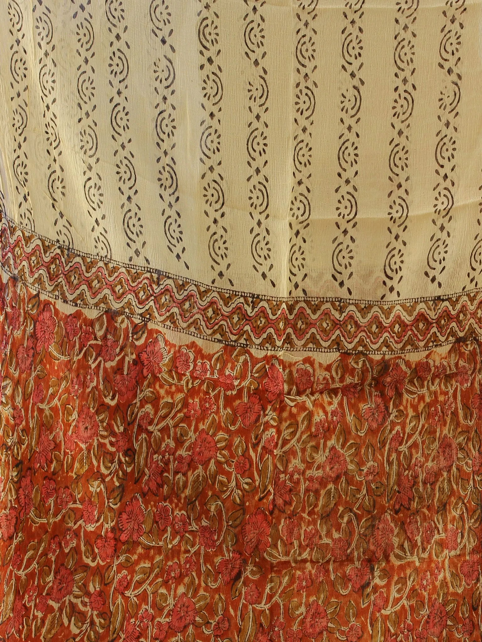 Red Beige Brown Hand Block Printed Cotton Suit-Salwar Fabric With Chiffon Dupatta (Set of 3) - SU01HB438