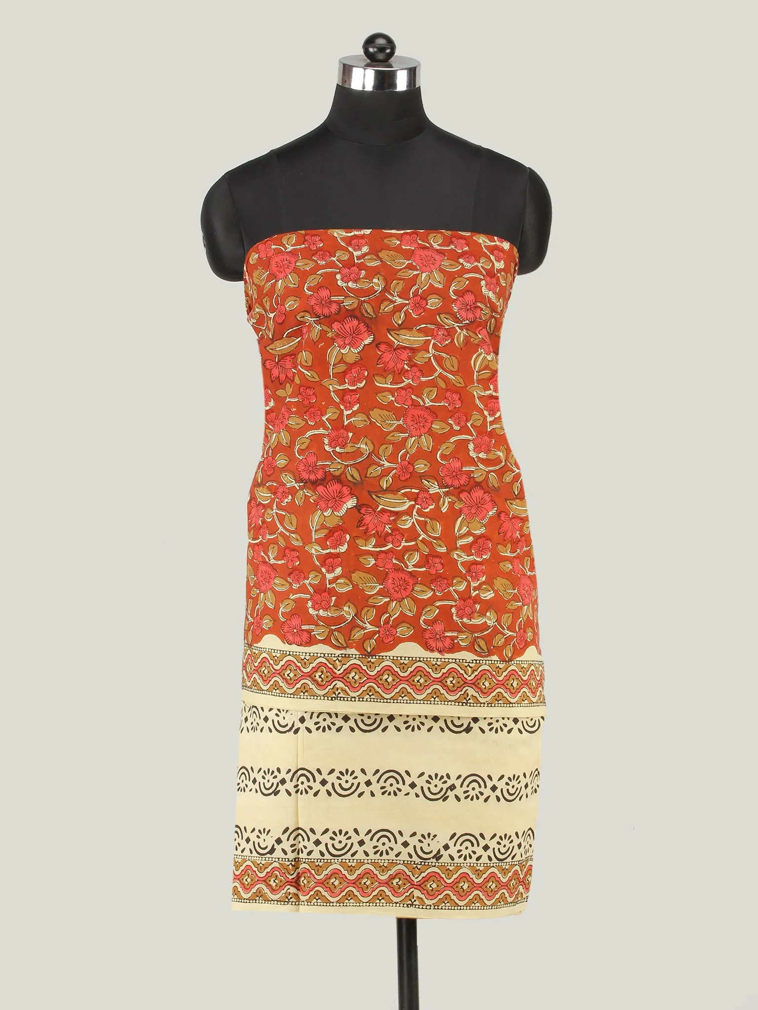 Red Beige Brown Hand Block Printed Cotton Suit-Salwar Fabric With Chiffon Dupatta (Set of 3) - SU01HB438
