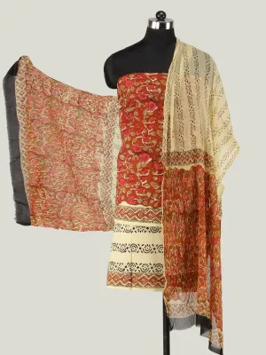 Red Beige Brown Hand Block Printed Cotton Suit-Salwar Fabric With Chiffon Dupatta (Set of 3) - SU01HB438