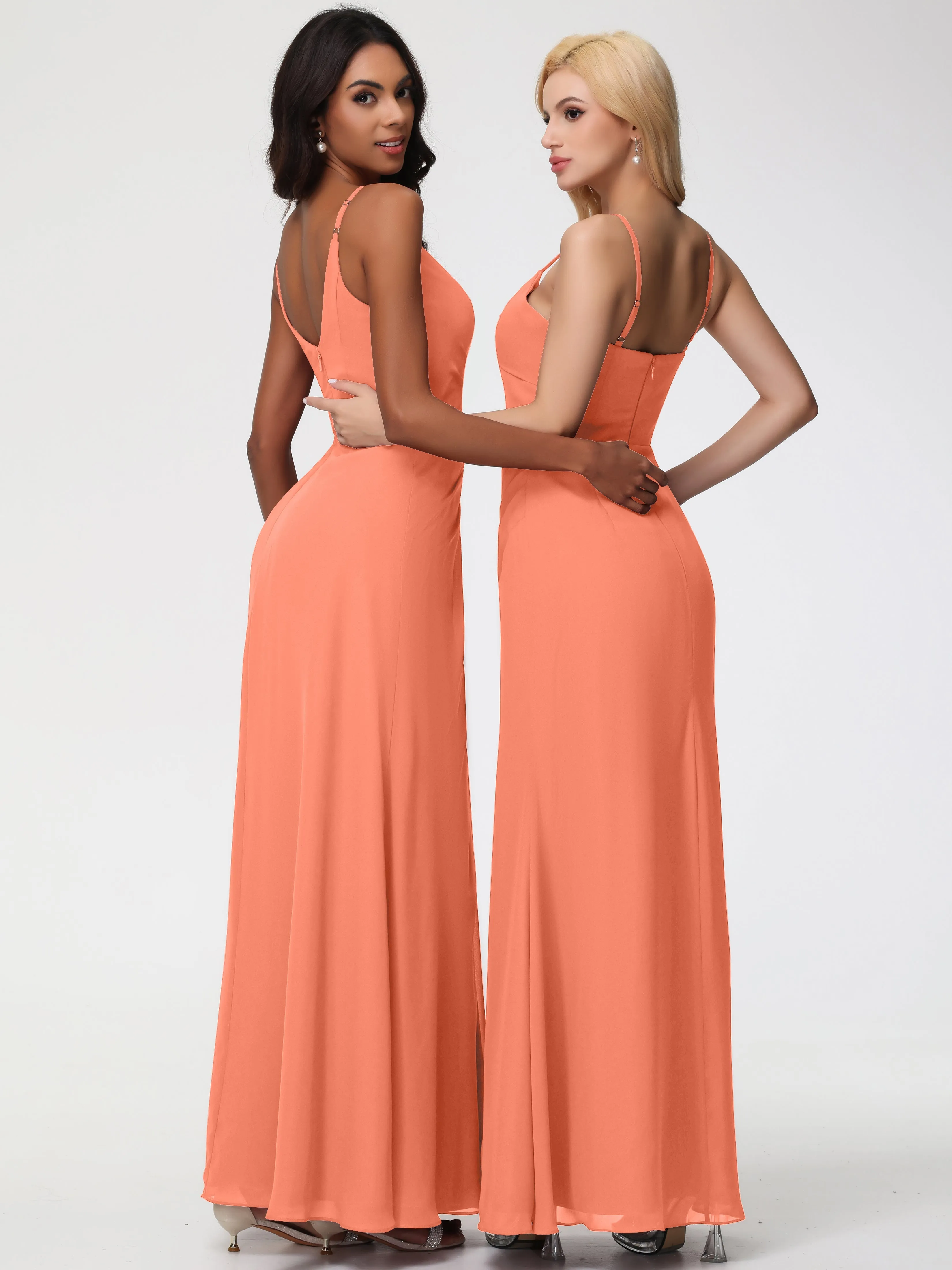 Sunset Orange Bridesmaid Dress A-Line V-Neck Spaghetti Straps Ruched Chiffon Bridesmaid Dresses With Slit