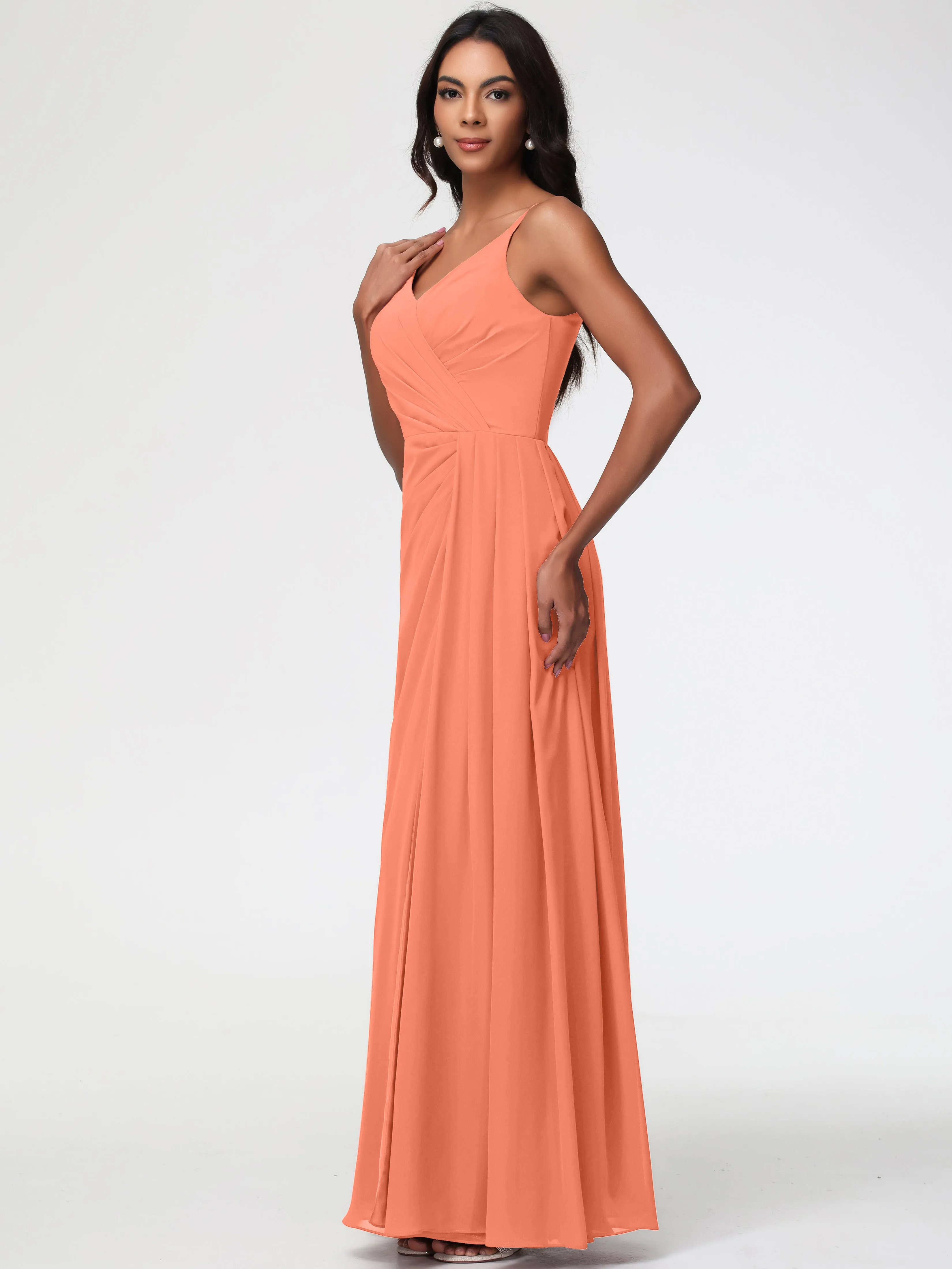 Sunset Orange Bridesmaid Dress A-Line V-Neck Spaghetti Straps Ruched Chiffon Bridesmaid Dresses With Slit