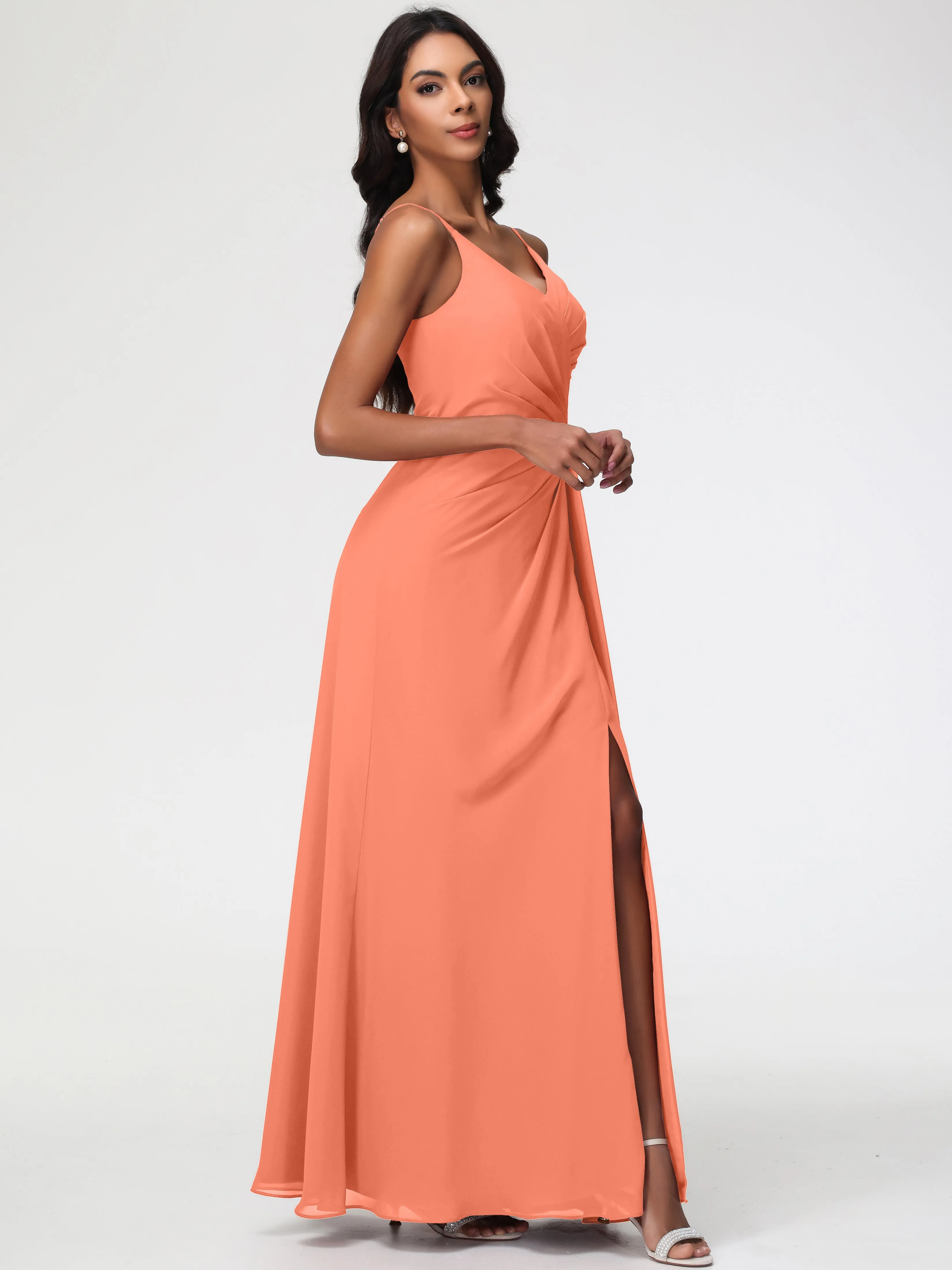 Sunset Orange Bridesmaid Dress A-Line V-Neck Spaghetti Straps Ruched Chiffon Bridesmaid Dresses With Slit