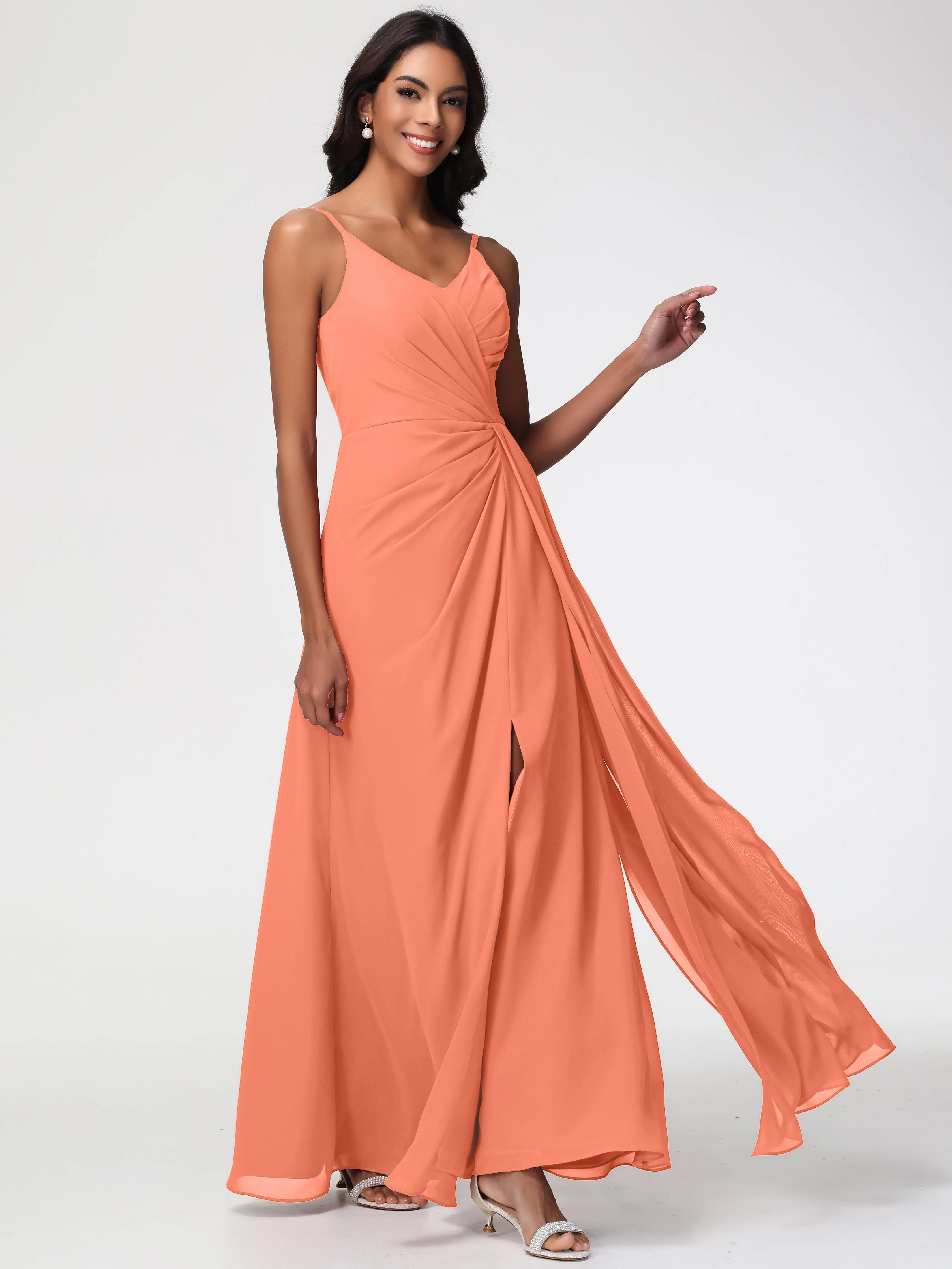 Sunset Orange Bridesmaid Dress A-Line V-Neck Spaghetti Straps Ruched Chiffon Bridesmaid Dresses With Slit