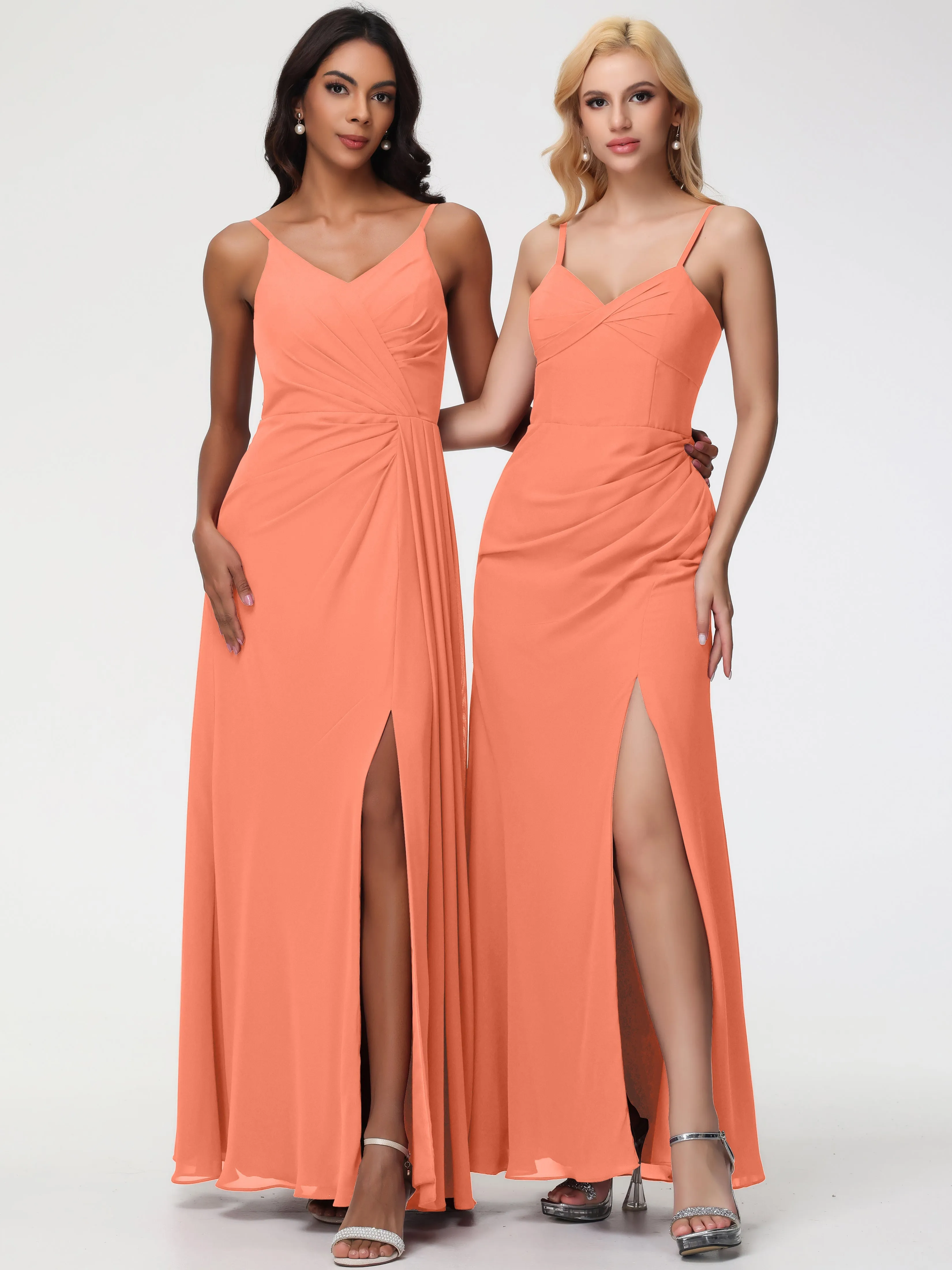 Sunset Orange Bridesmaid Dress A-Line V-Neck Spaghetti Straps Ruched Chiffon Bridesmaid Dresses With Slit