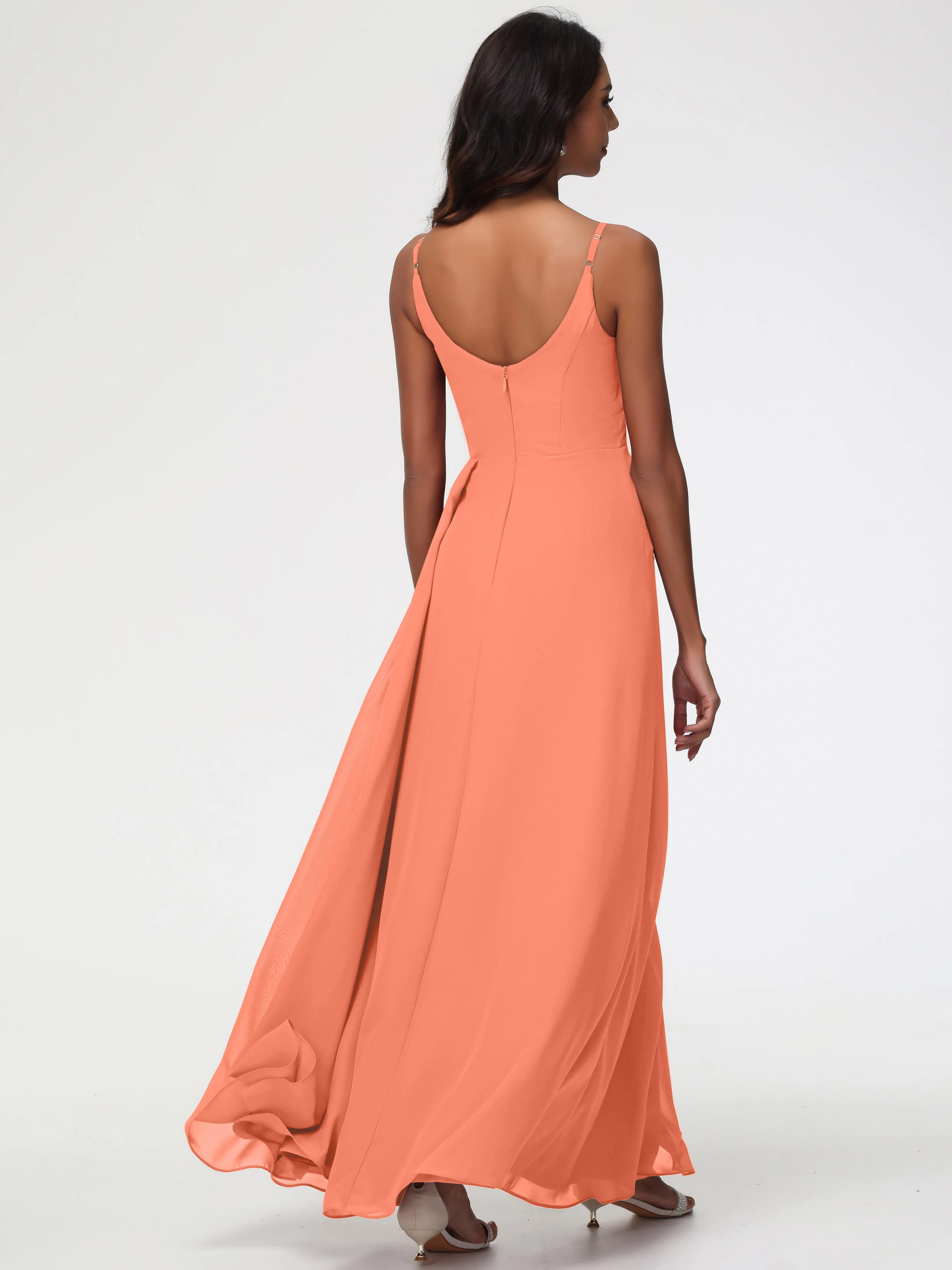 Sunset Orange Bridesmaid Dress A-Line V-Neck Spaghetti Straps Ruched Chiffon Bridesmaid Dresses With Slit