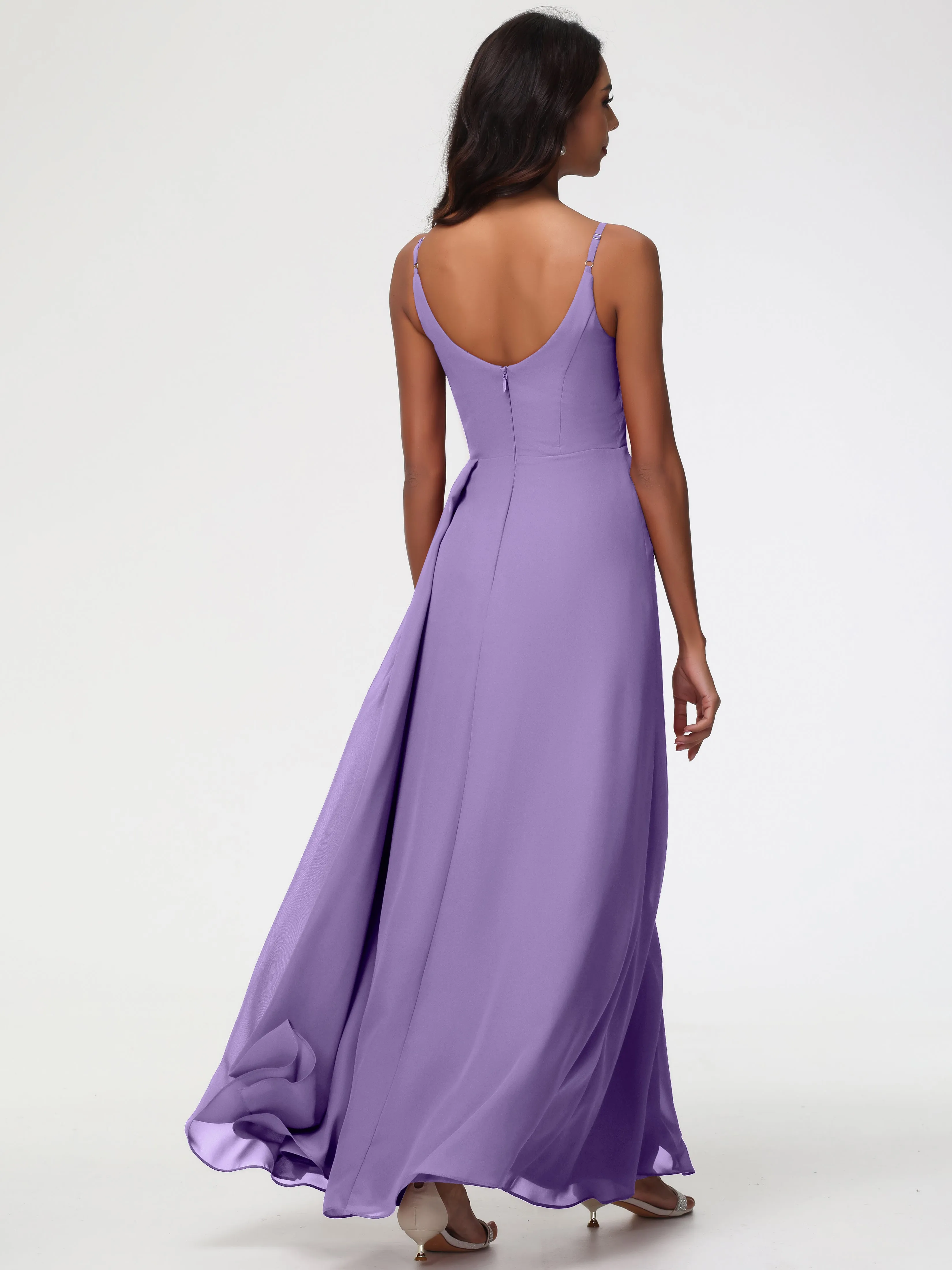 Tahiti Color Bridesmaid Dress A-Line V-Neck Spaghetti Straps Ruched Chiffon Bridesmaid Dresses With Slit