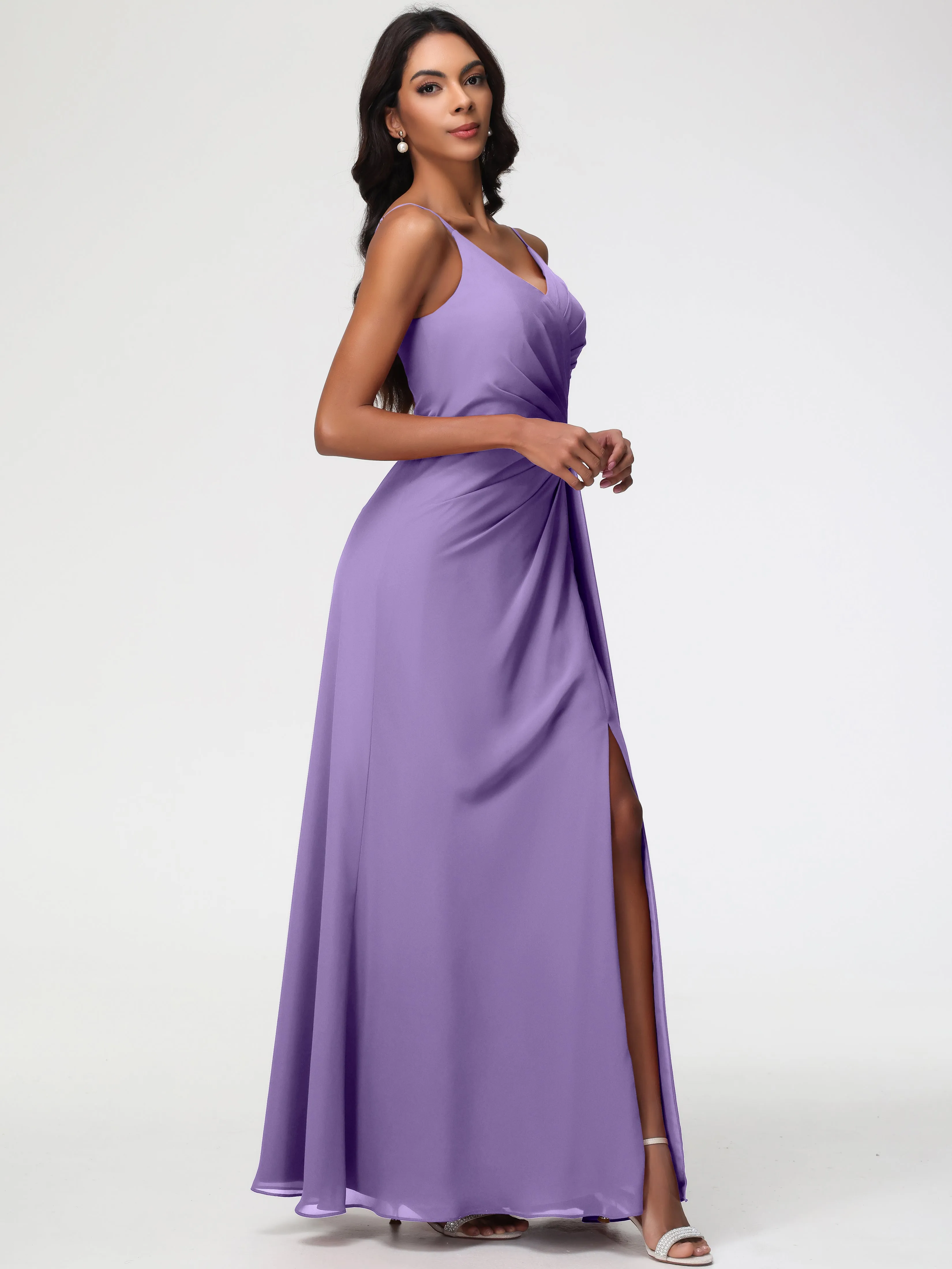 Tahiti Color Bridesmaid Dress A-Line V-Neck Spaghetti Straps Ruched Chiffon Bridesmaid Dresses With Slit