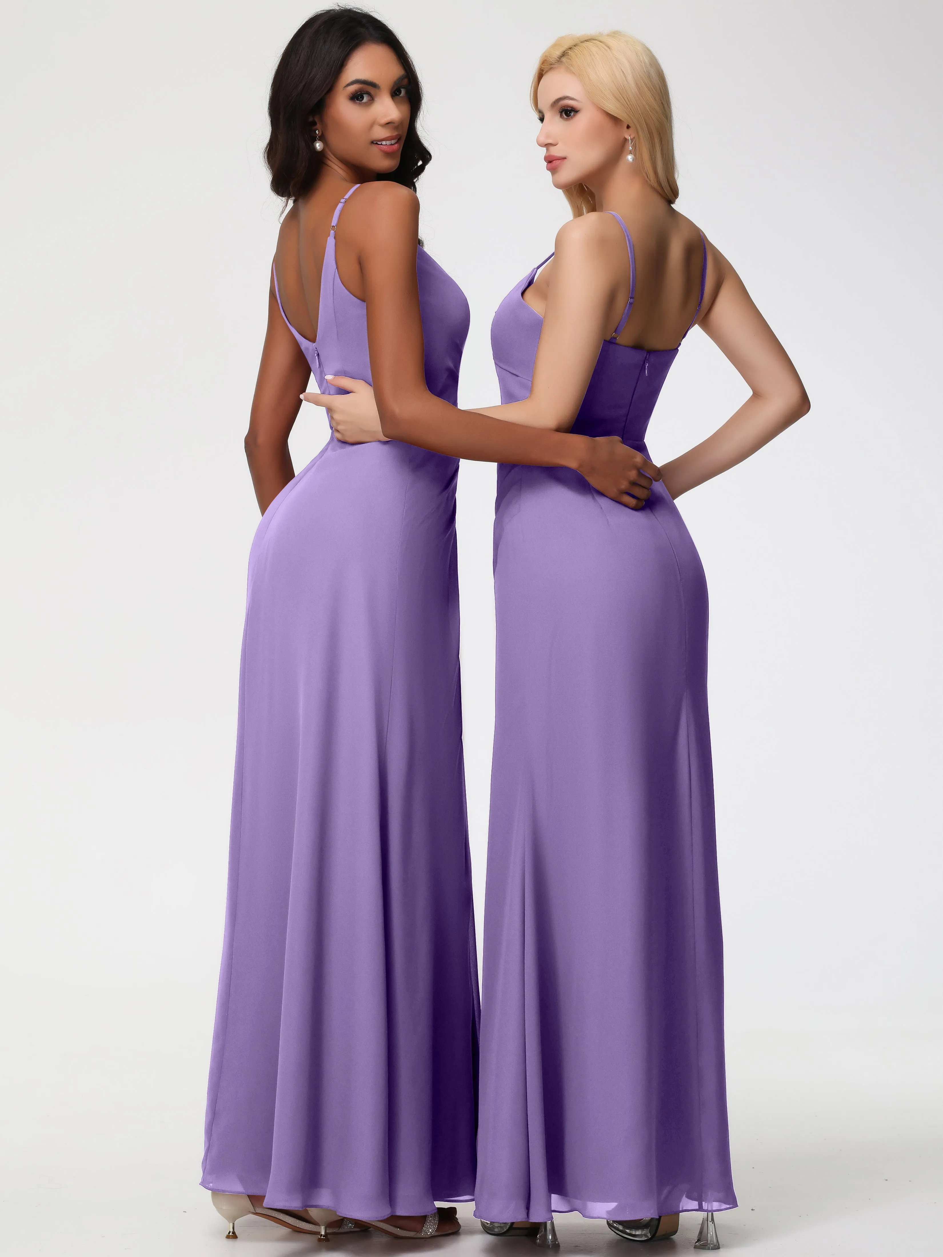Tahiti Color Bridesmaid Dress A-Line V-Neck Spaghetti Straps Ruched Chiffon Bridesmaid Dresses With Slit