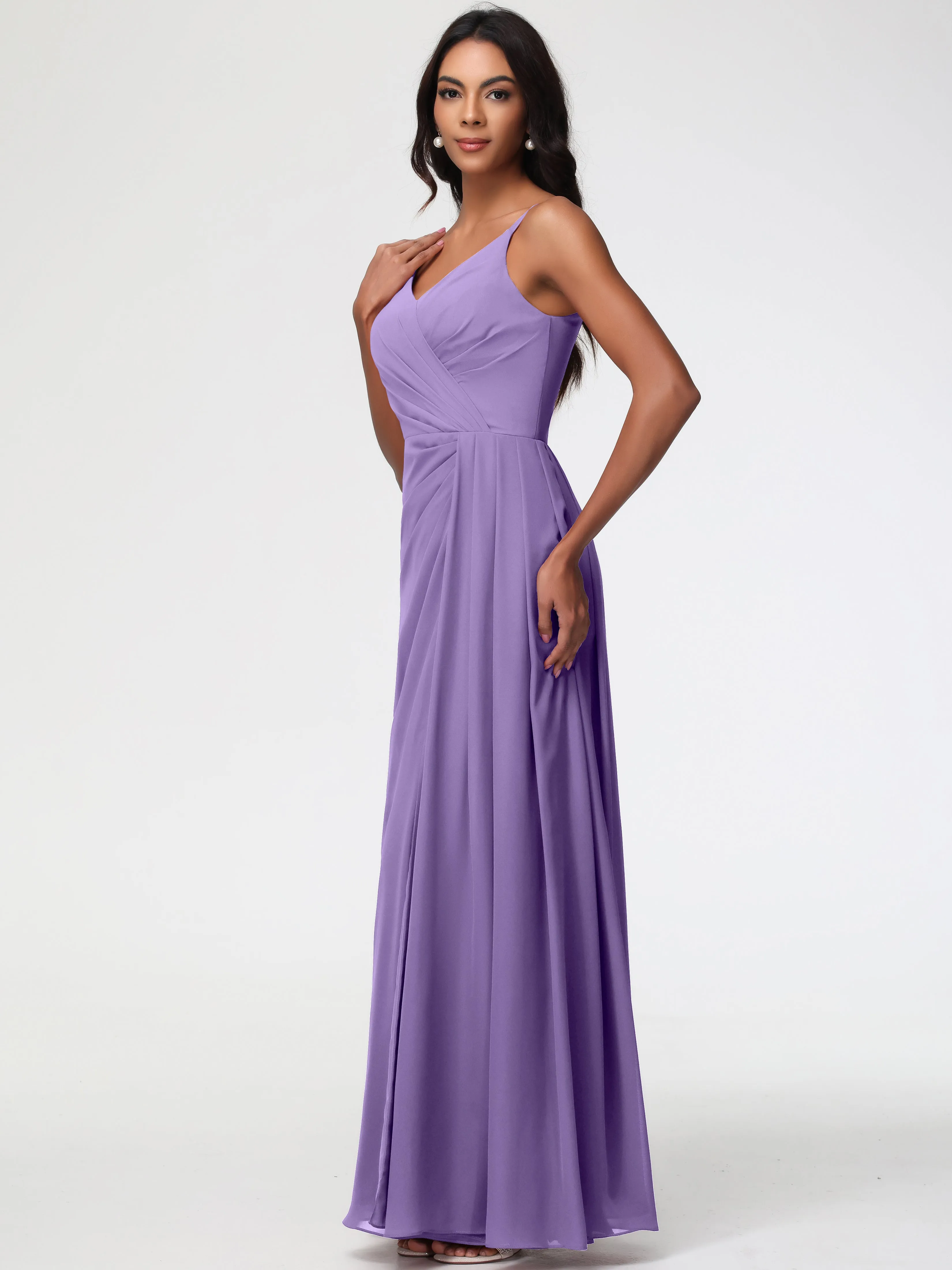Tahiti Color Bridesmaid Dress A-Line V-Neck Spaghetti Straps Ruched Chiffon Bridesmaid Dresses With Slit