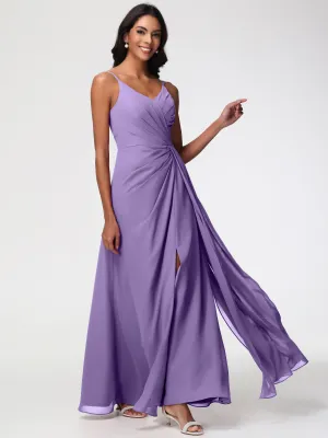 Tahiti Color Bridesmaid Dress A-Line V-Neck Spaghetti Straps Ruched Chiffon Bridesmaid Dresses With Slit