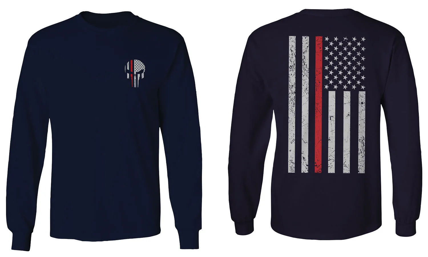 VICES AND VIRTUESS Front Skull Back Flag Thin Red Line USA Firefighter Support mens Long sleeve t shirt