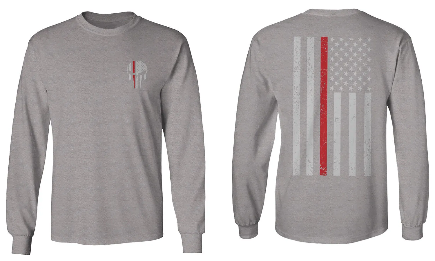 VICES AND VIRTUESS Front Skull Back Flag Thin Red Line USA Firefighter Support mens Long sleeve t shirt