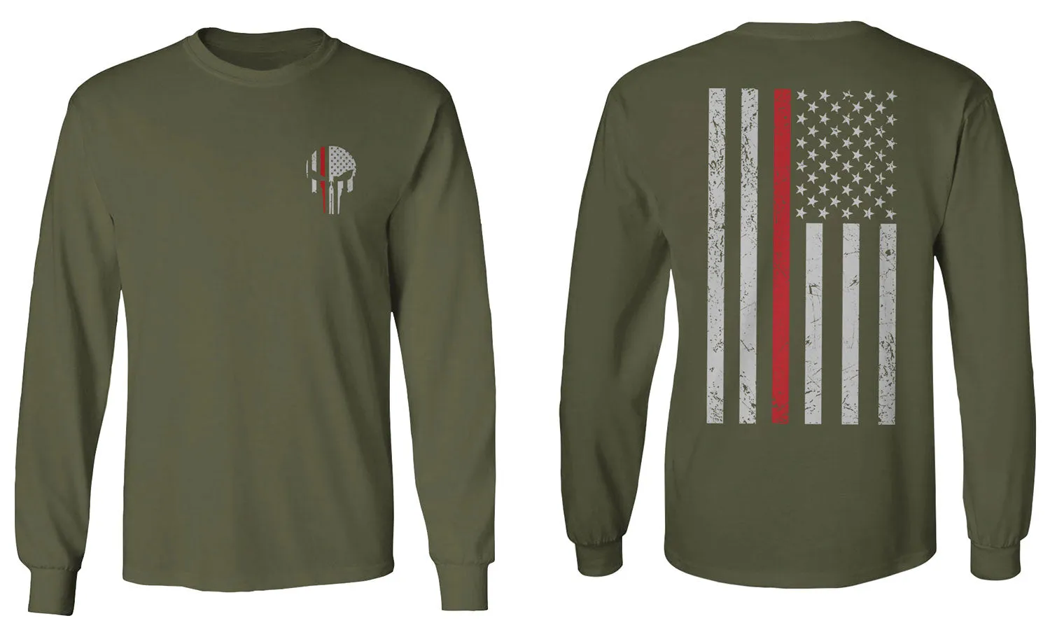 VICES AND VIRTUESS Front Skull Back Flag Thin Red Line USA Firefighter Support mens Long sleeve t shirt