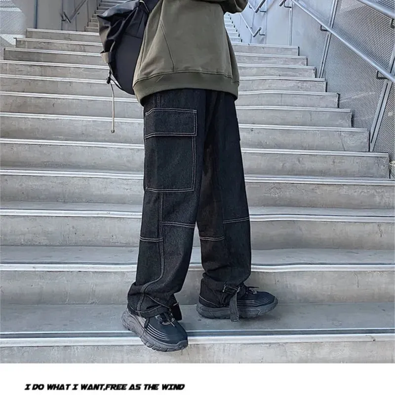 Wiaofellas  -  Autumn Cargo jeans men Wide Leg Denim pants Loose Jeans Straight Baggy Men's Jeans hip hop Streetwear Neutral denim Trousers