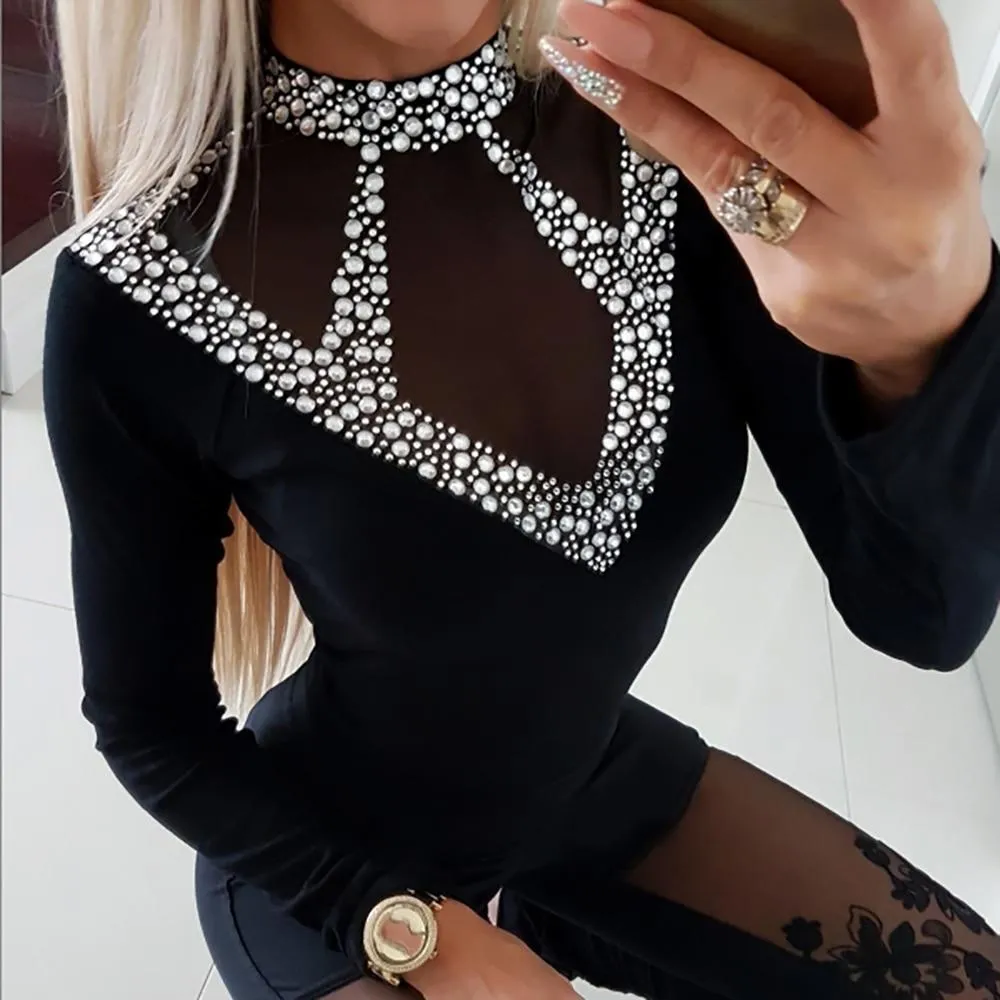 Women Hollow Out Rhinestone Long Sleeve Slim Fit Tops