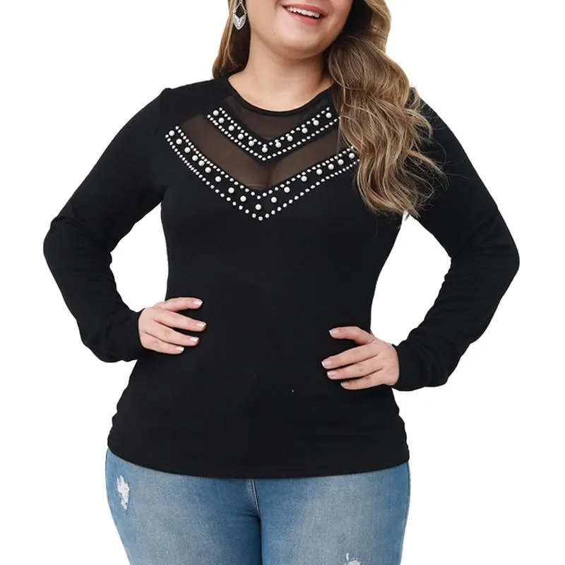 Women Hollow Out Rhinestone Long Sleeve Slim Fit Tops
